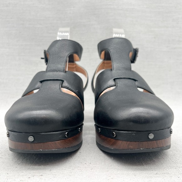 Vionic Womens 7 Faye Clog Sandals Shoes Black Leather Platform T Strap Orthotic - Picture 2 of 12